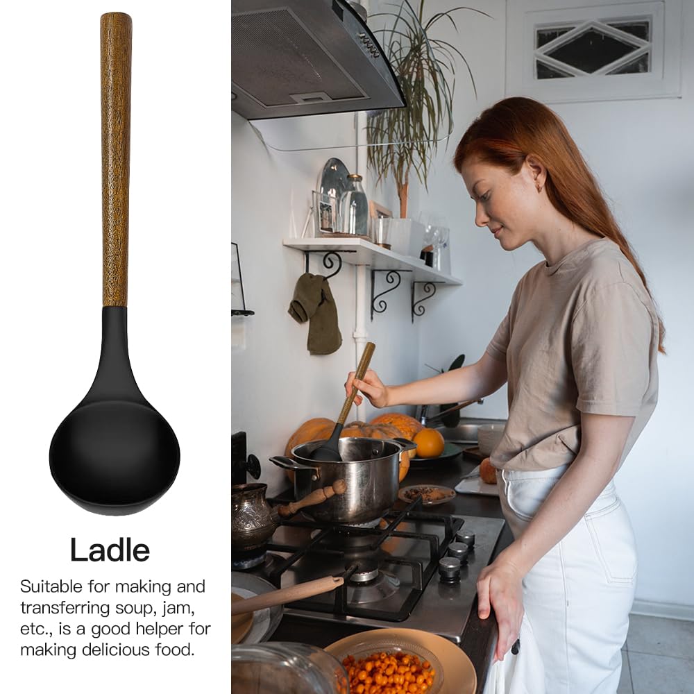 Kitchen Cooking Utensils Set-446°F Heat Resistant Silicone Kitchen Utensils for Cooking-34 Piece Kitchen Set with Natural Acacia Wooden Handles and Holder, BPA FREE for Non-Stick Cookware (Black) BESTZMWK