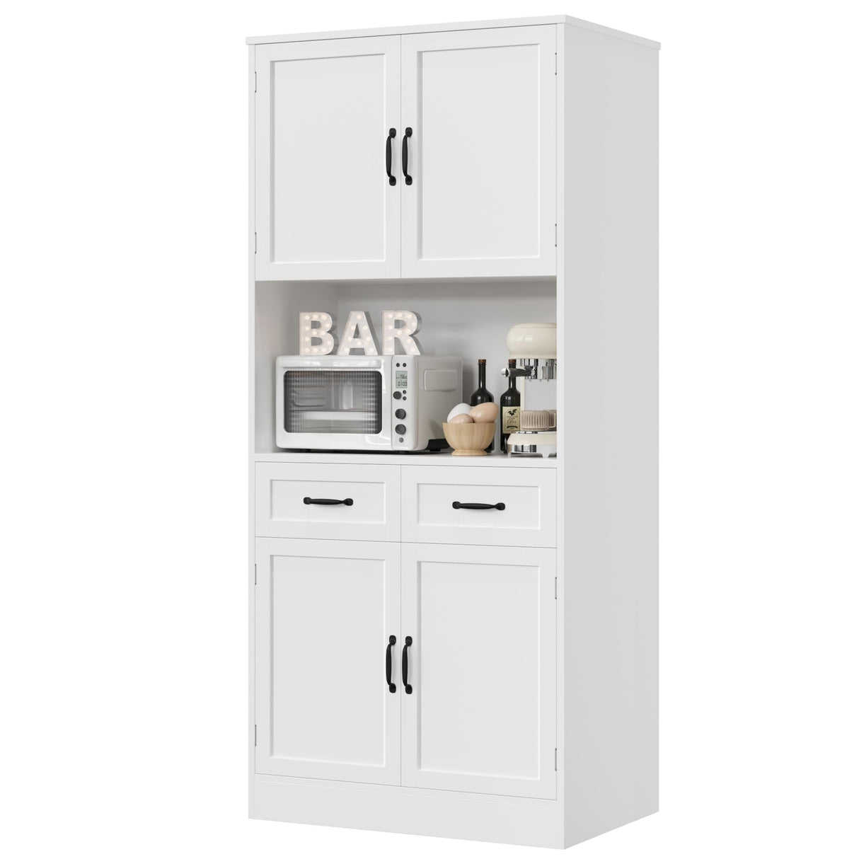 HOSTACK 71β Tall Kitchen Pantry Storage Cabinet, Modern Kitchen Hutch Bar Cabinet with Microwave Stand, Wood Buffet Sideboard with Hutch, Cupboard with Drawers, Shelves for Dining Room, White HOSTACK
