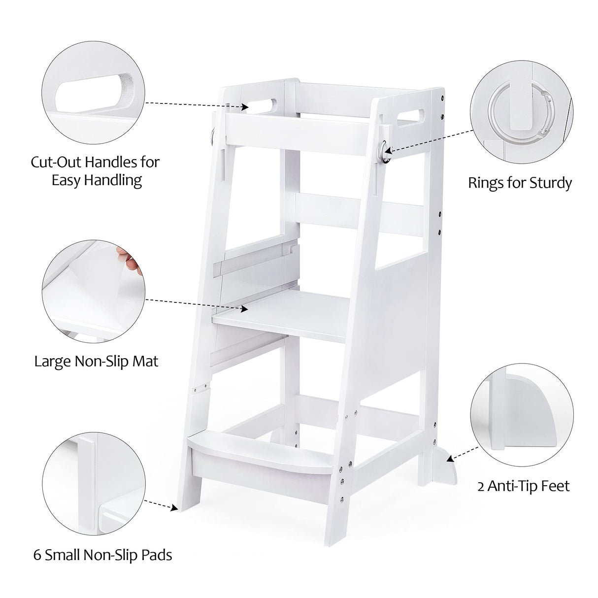 TOETOL Bamboo Toddler Kitchen Step Stool White Helper Standing Tower Height Adjustable with Anti-Slip Protection for Kids Kitchen Counter Learning TOETOL