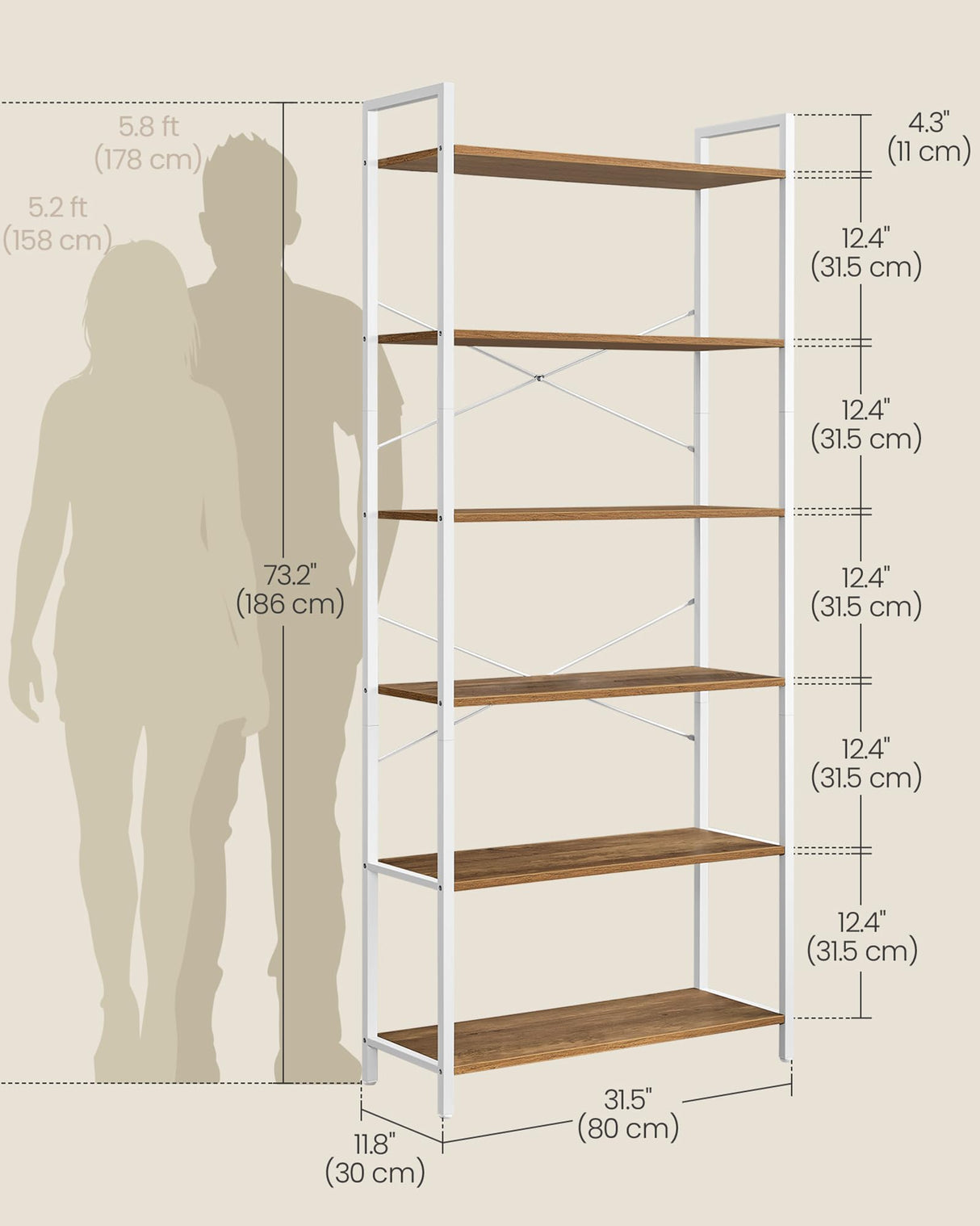 VASAGLE 6-Tier Bookshelf, Bookcase with Steel Frame, Book Shelf for Living Room, Home Office, Study, 11.8 x 31.5 x 73.2 Inches, Industrial Style, Honey Brown and Cloud White ULLS082K01 VASAGLE