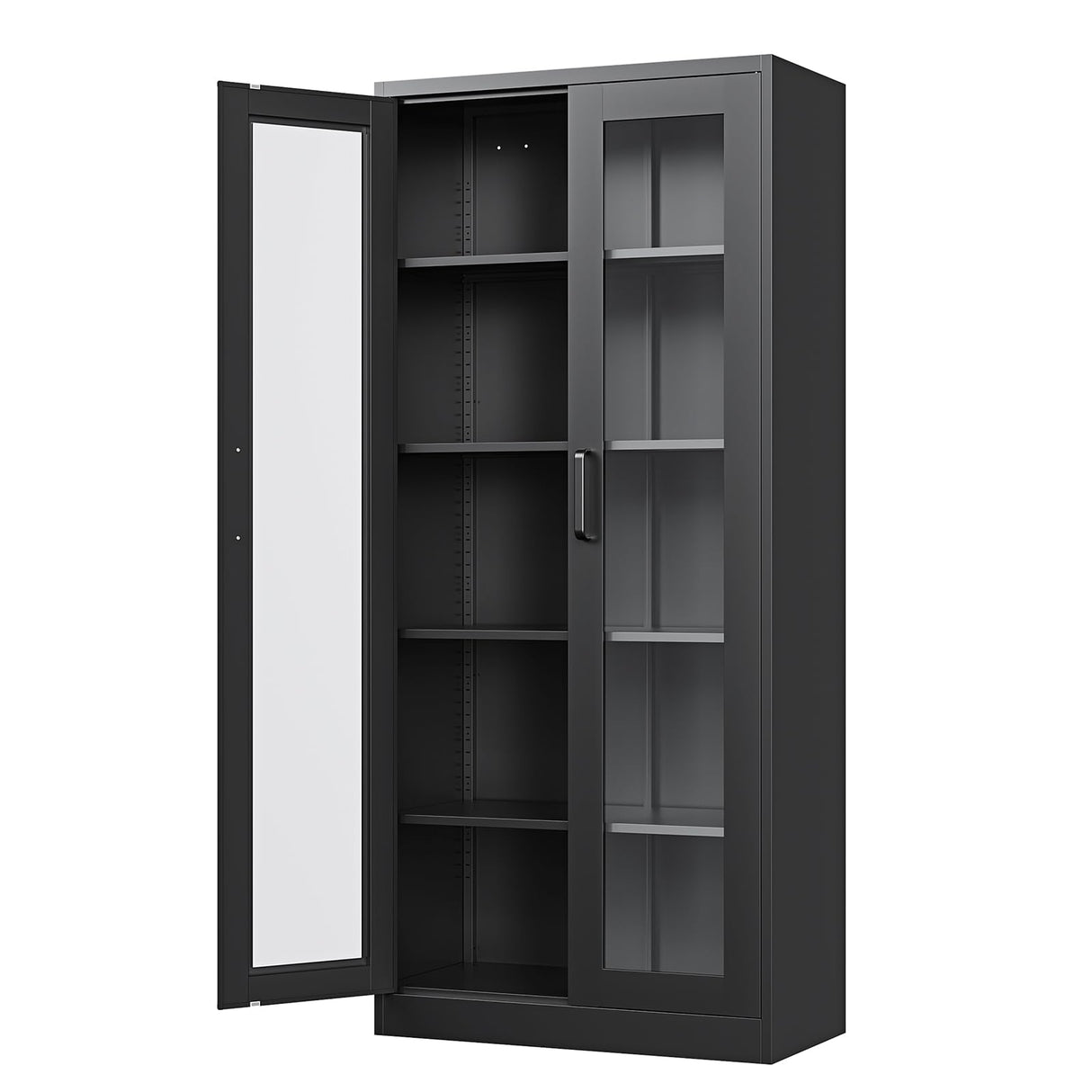 PEUKC Display Cabinet with Glass Doors, 67-inch Curio Cabinets with 4 Adjustable Shelves, HD&Tempered Glass Cabinet Display Case for Home, Office, Clinic, Pantry, Assemble Required, Black PEUKC