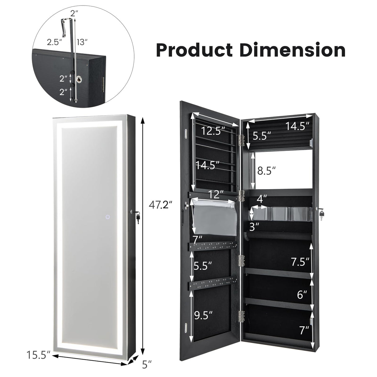 Giantex Jewelry Cabinet Armoire Door Wall Mount, 47.2in Lockable Touch Screen Lighted Full Length Mirror, 3 Lighting Settings, Inside Makeup Mirror, Jewelry Storage Box Organizer (Black) Giantex