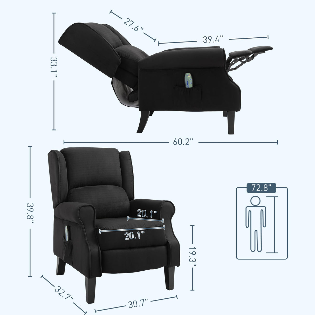 HOMCOM Vibration Massage Recliner Chair for Living Room with Heat, Wingback Single Sofa, Modern Suede Fabric Push Back Reclining Chair with Footrest, Side Pocket, Black HOMCOM