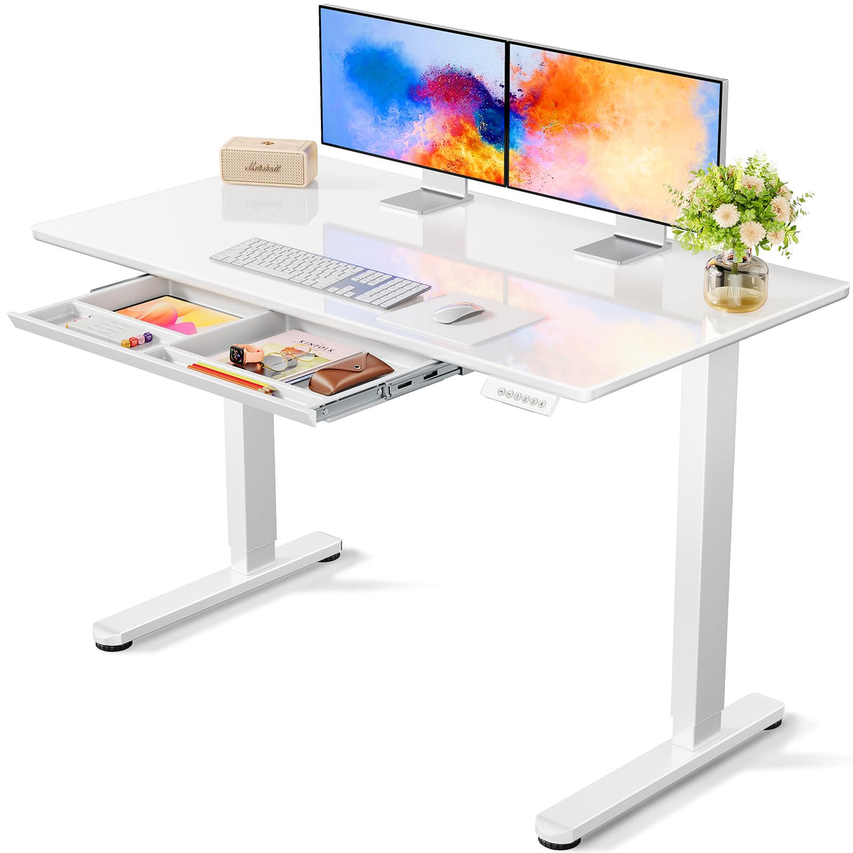 Marsail Glass Electric Standing Desk with Drawer, 48 x 24 Inches Height-Adjustable Desk, One-Piece Tempered Glass Top, Ergonomic Home Office Sit Stand Desk with 4 Preset Heights, White Marsail