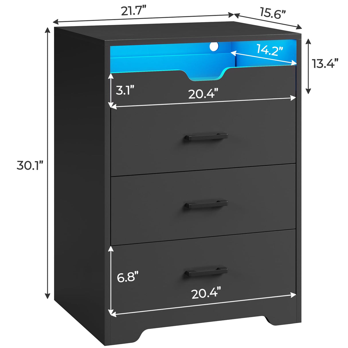 Hasuit Dresser with LED Lights for Bedroom, Tall Dresser with 3 Drawers and Pull-out Tray, Black Chest of Drawers Bedroom Storage Organizer, Dimensions 15.6" D x 21.7" W x 30.1" H Hasuit