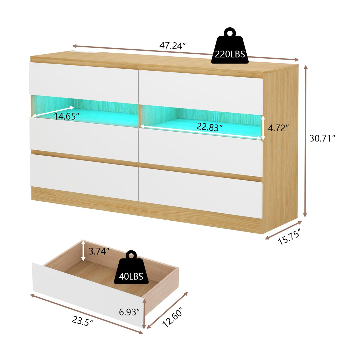 Gyfimoie 6 Drawer Dresser with Power Outlet & LED Light, Modern Chest of Drawers with 2 Open Cubbies, Double Wide Drawer Dresser Organizer, TV Stand for Bedroom, Entryway (White & Light Wood) Gyfimoie