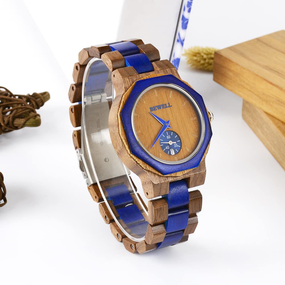 BEWELL Wood Watch,Analog Quartz Polygon Wooden Watches for Men Unique Gift BEWELL