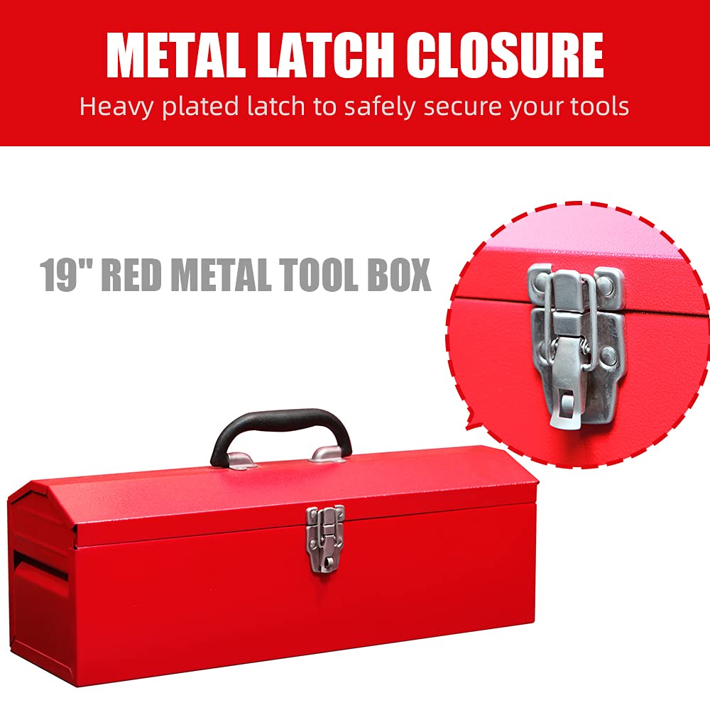 HPDMC Red Hip Roof Style Portable Steel Tool Box with Metal Latch Closure and Removable Storage Tray, 19.1" L x 6.1" W x 6.5" H HPDMC