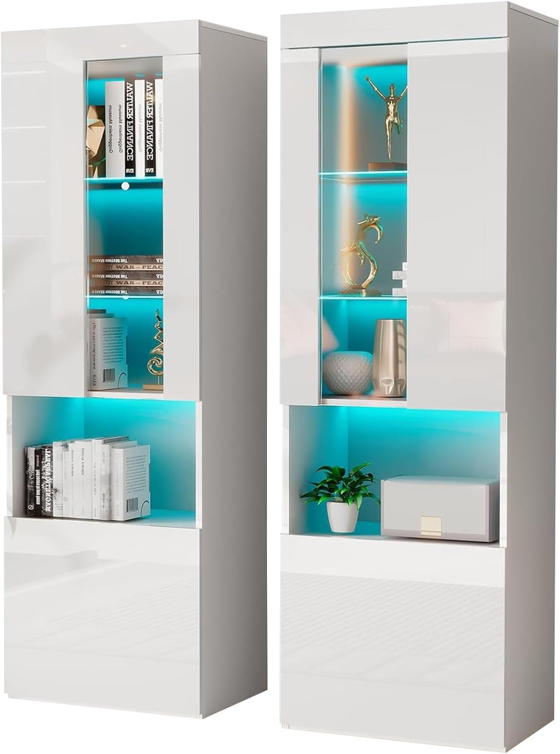 AMERLIFE 2 Piece 5-Tier High Gloss LED Lights Bookcase with Glass Doors, 71" Tall Modern Bookshelf Display Storage Cabinet Set of 2 with Adjustable Glass Shelves for Living Room, Office, White AMERLIFE