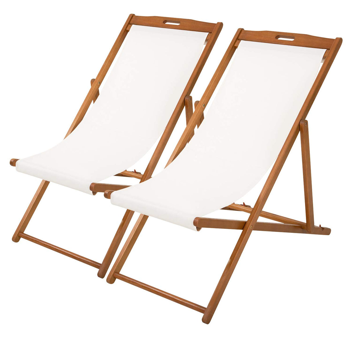 FDW Beach Sling Patio Chair for Relaxing, Foldable with Adjustable Height made from Eucalyptus Wood with White Polyester (White, Brown) FDW