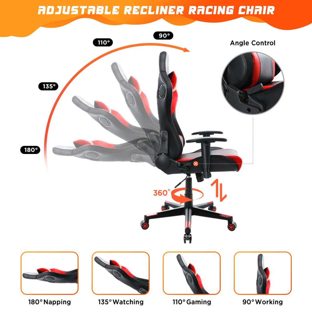 Gaming Chair with Bluetooth Speakers RGB LED Lights, Music Video Game Chair, Ergonomic PU Leather High Back Computer Chair, Adjustable Reclining Racing Office Swivel Chair for Adult Teens (Red) YOUTHUP