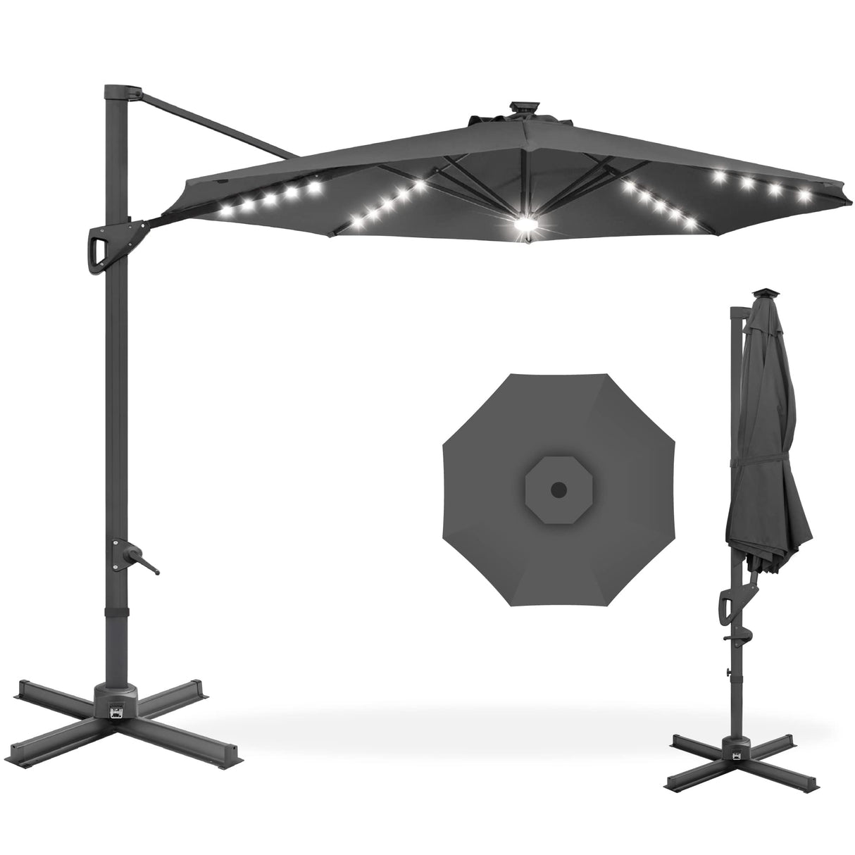 Best Choice Products 10ft Solar LED Cantilever Patio Umbrella, 360-Degree Rotation Hanging Offset Market Outdoor Sun Shade for Backyard, Deck, Poolside w/Lights, Easy Tilt, Cross Base - Gray Best Choice Products