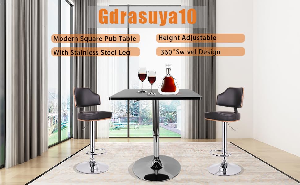 DAERNA Square Pub Table, Black Cocktail Table with 360° Spinning Top,Silver Leg and Base,Cafe Tables, Adjustable Height Range 27.5'' to 35.4'' DAERNA