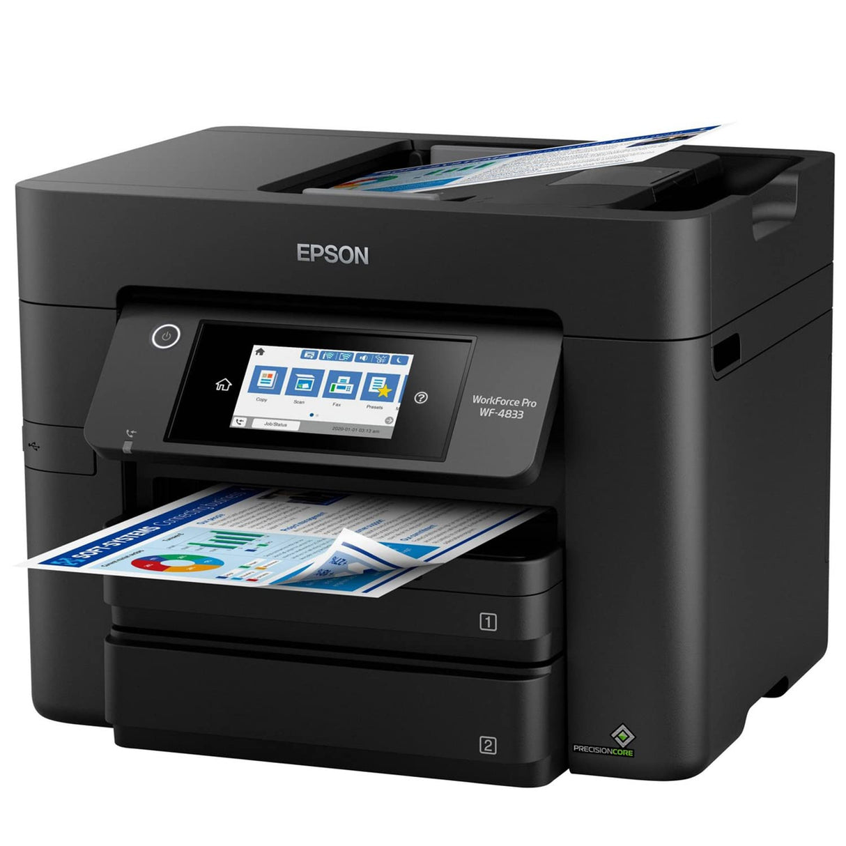 Epson Workforce Pro WF-4833 Wireless All-in-One Color Inkjet Printer, Black - Print Scan Copy Fax - 25 ppm, 4800 x 2400 dpi, 4.3" Touchscreen, Auto 2-Sided Printing, 50-Sheet ADF, 500-Sheet, Ethernet Epson