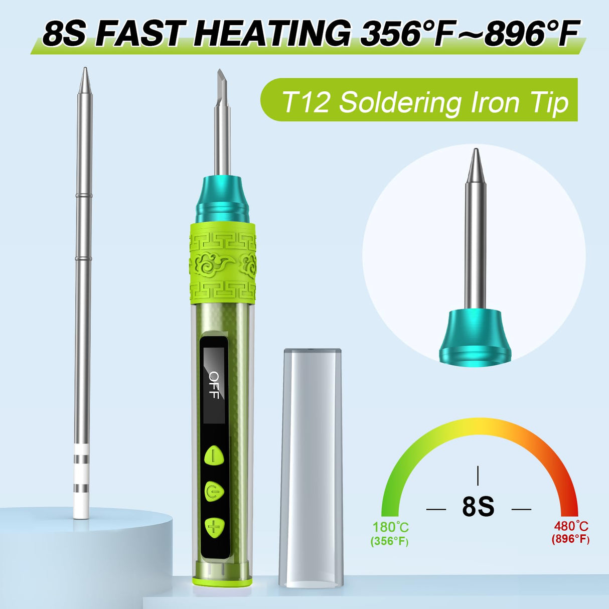 Soldering Iron Kit, Soldering Gun with OLED Digital Display, 8 Seconds Fast Heating 356-896℉ Solder Kit, Auto Sleep, Includes Solder Wire, Stand, T12 Tips for Electronics, Green(With Power Adapter) Crtsweker
