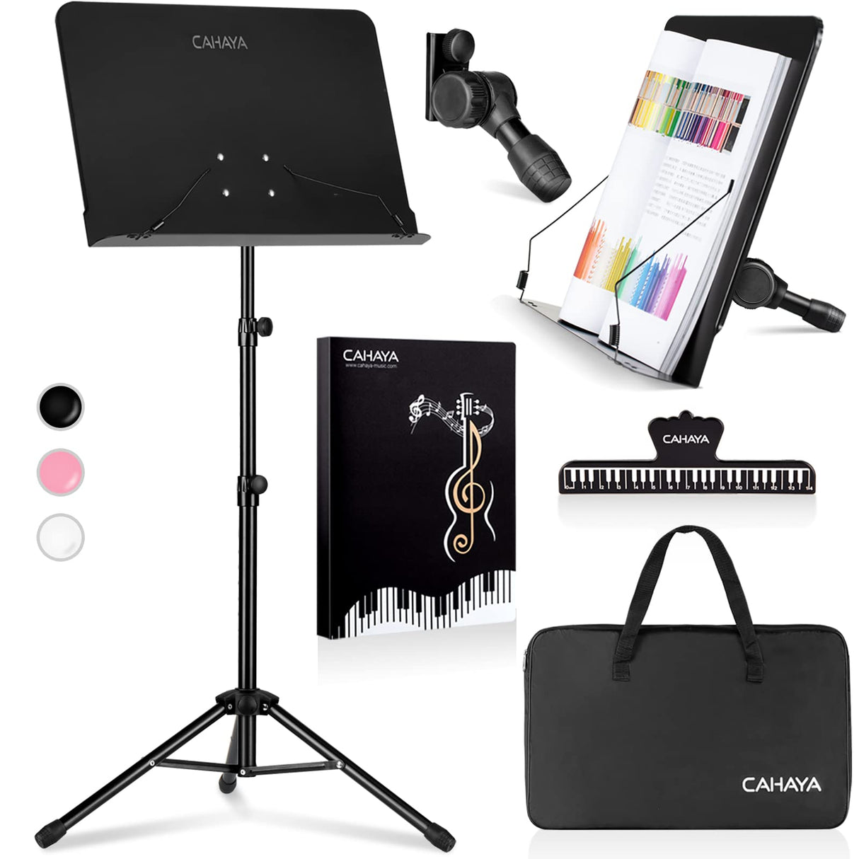 CAHAYA 5 in 1 Dual-use Sheet Music Stand & Desktop Book Stand Metal Portable Solid Back Height Adjustable from 31.4-57in with Book Stand Support, Carrying Bag, Sheet Music Folder and Clip CAHAYA