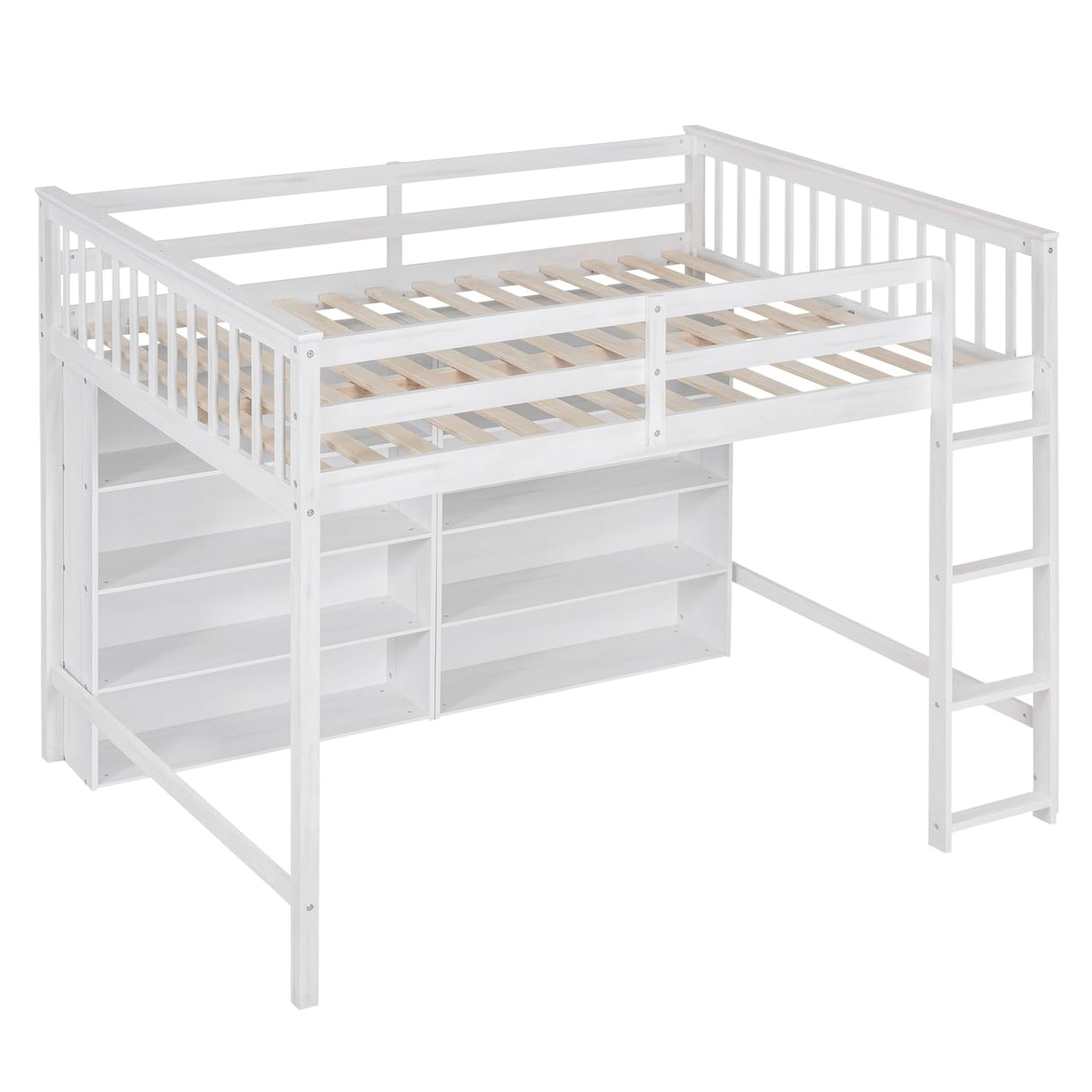 Full Loft Bed with 8 Storage Shelves, Wooden Loft Beds Frame with Bookcase, High Loft Bed with Ladder for Kids Boys Girls Teens, Antique White Bellemave