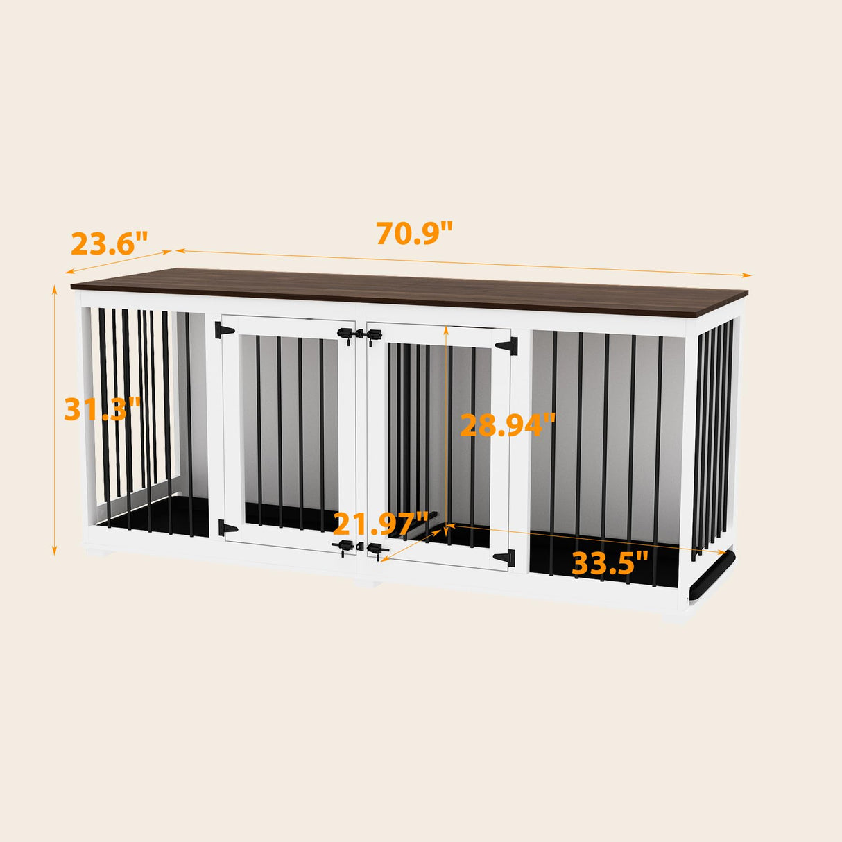 DAWNSPACES Dog Crate Furniture 71" Heavy Duty Wooden Large Dog Kennel with Trays, Removable Divider, Indoor Furniture Style Dog Crate House W/Double Rooms for Large Medium Small Dogs, White DAWNSPACES
