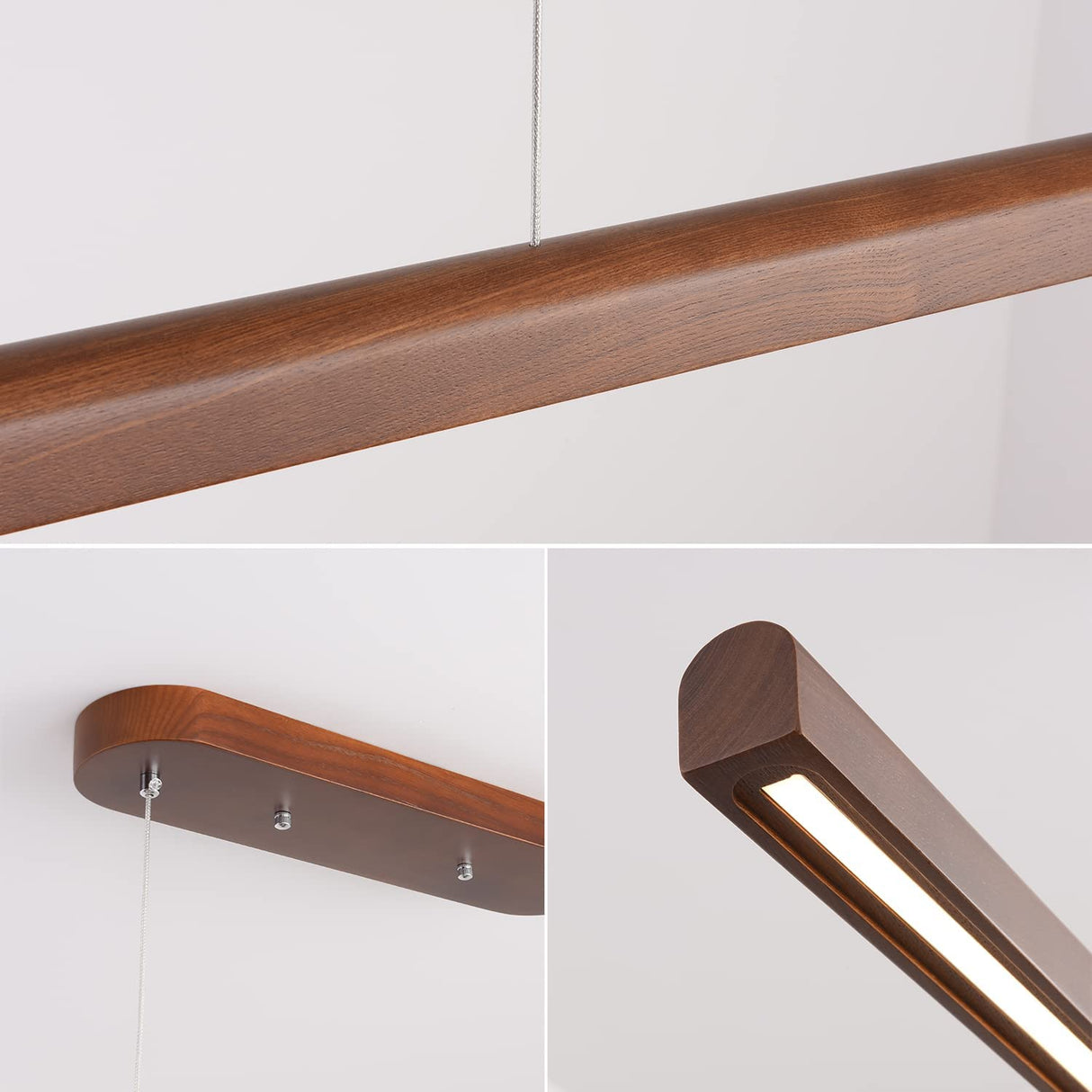 47.2" Wood Linear Pendant Light 34W Led Dimmable Dining Pendant Light Wood Kitchen Island Lights Ceiling Pendant Hanging Light for Dining Room Office studing Walnut Color(Ash Wood) YISDESIGN