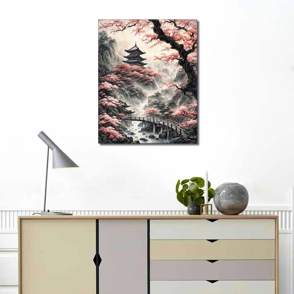 TUMOVO Japanese Temple Paint by Number Kits for Adults Beginners,Tree Adults Paint by Numbers Kits,DIY Pink Cherry Blossom Paint by Numbers Kits on Canvas for Home Wall Decor 16x20inch Frameless TUMOVO