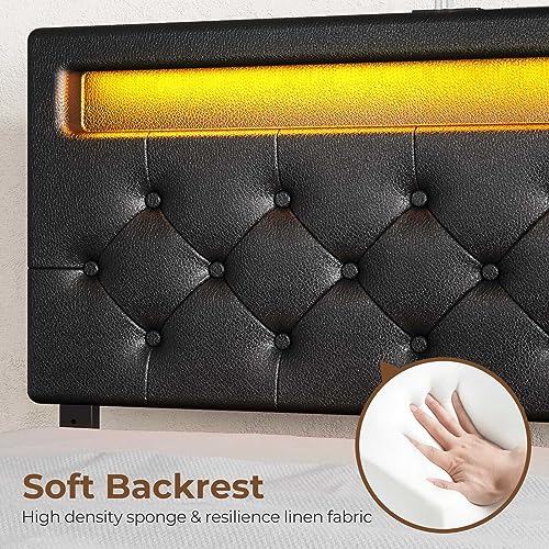 Rolanstar Twin Bed Frame with 4 Storage Drawers and Charging Station,Twin Bed with Led Lights, 2 USB & 1 Type C, Adjustable Headboard 38.9/40.8 Inches, No Box Spring Needed, Black Rolanstar