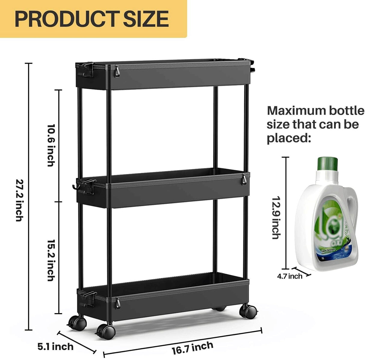 SPACEKEEPER Slim Rolling Storage Cart, 3 Tier Bathroom Storage Organizer Laundry Room Utility Cart Mobile Shelving Unit, Multi-Purpose for Kitchen Office Bathroom Laundry Narrow Places, Black SPACEKEEPER