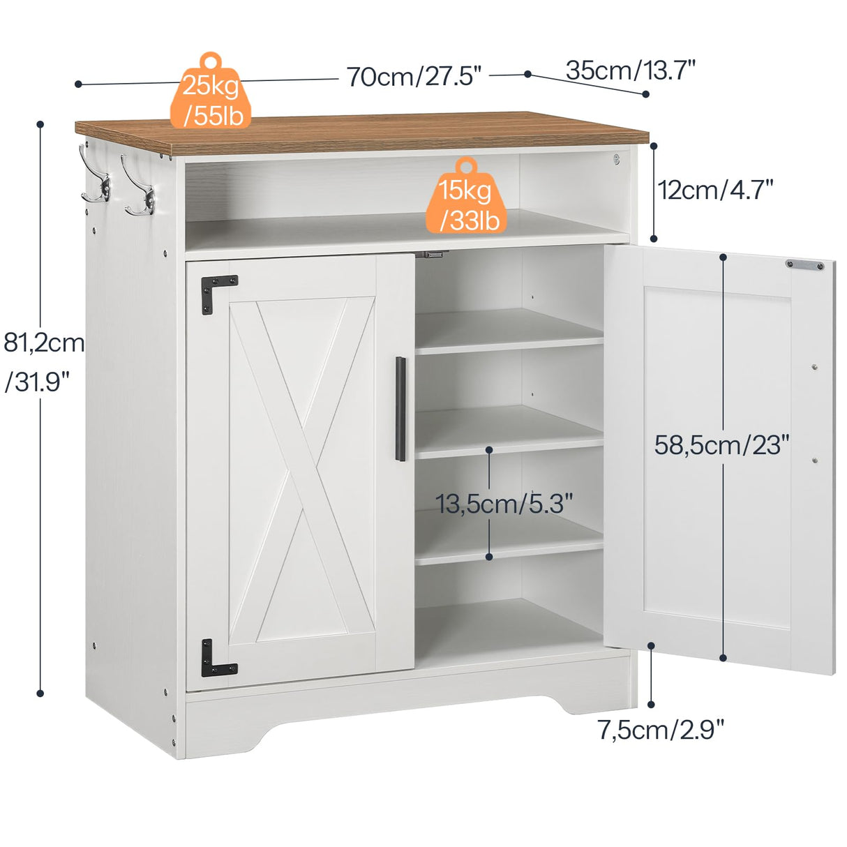 HOOBRO Shoe Cabinet, Farmhouse Shoe Storage Cabinet, Shoe Organizer Cabinet with Hooks and Adjustable Shelves, Shoe Cabinet Storage for Entryway, Living Room, White and Walnut WH16SC01 HOOBRO