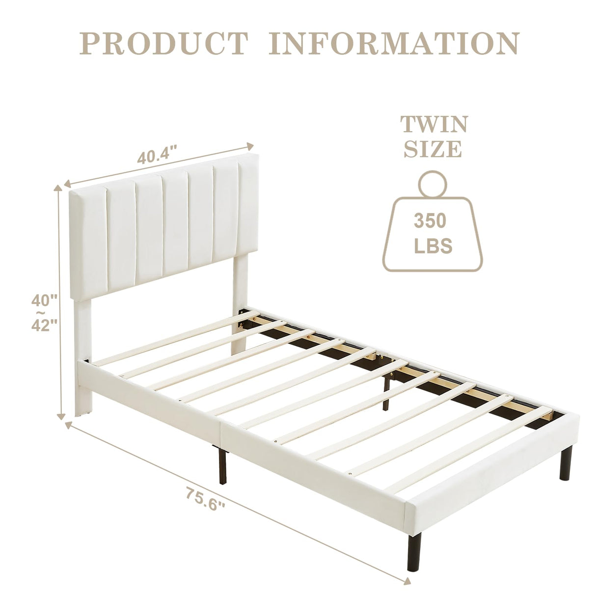 Flolinda Twin Bed Frame with Velvet Headboard, Wooden Slat Support Extend Mattress Life, Modern Upholstered Platform Bed Frame No Box Spring Needed, Easy Assembly, Cream White Flolinda