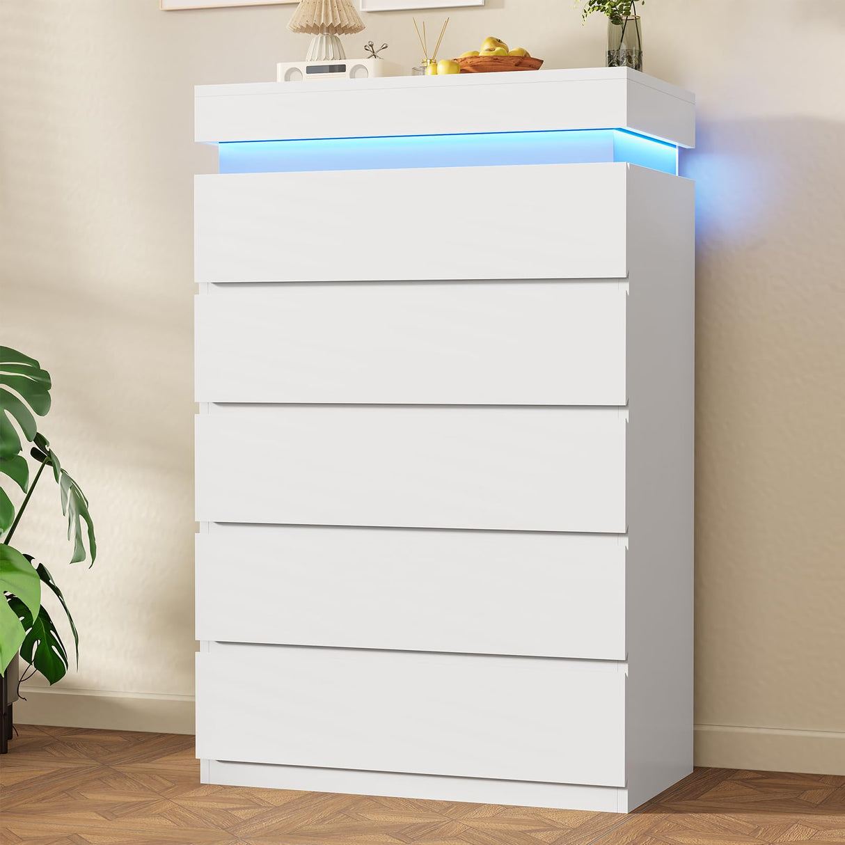 BTHFST Tall White Dresser for Bedroom with LED Lights, LED Modern 5 Drawers Chest of Drawers for Closet, Wood Tall 5 Drawer Dresser for Living Room Hallway Entryway BTHFST