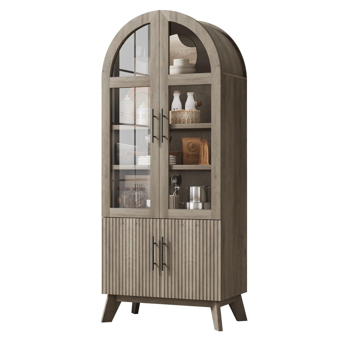 RNLRNL 71" Modern Fluted Display Cabinet with Glass Door, Arched Curio Cabinet with Adjustable Shelf, Bookcase for Collectibles Books, Storage Cabinet for Living Room, Dining Room, Grey RNLRNL