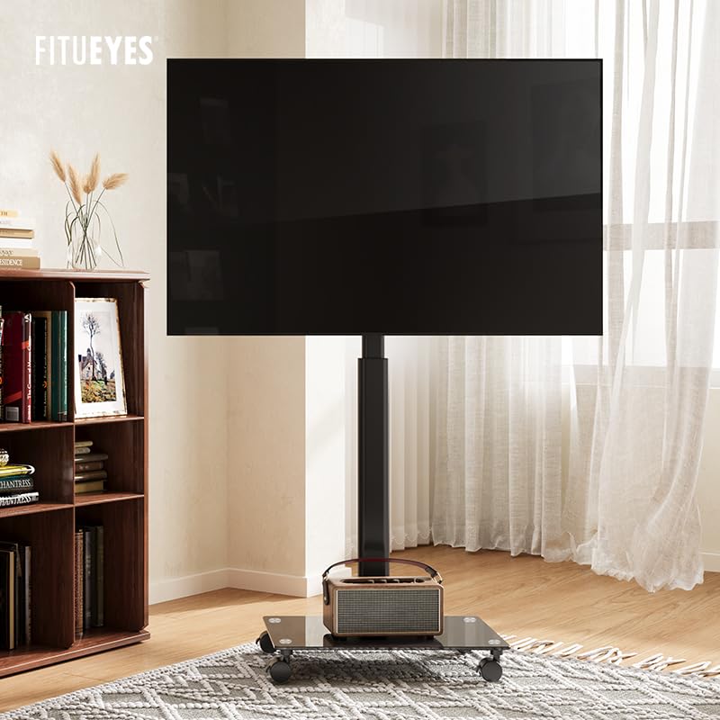 FITUEYES Mobile TV Stand with Wheels for 32-60 65Inch TV Screen, Rolling TV Floor Stand with Mount, TV Cart with Black Tempered Glass Base & Wire Management, Holds 66 lbs FITUEYES