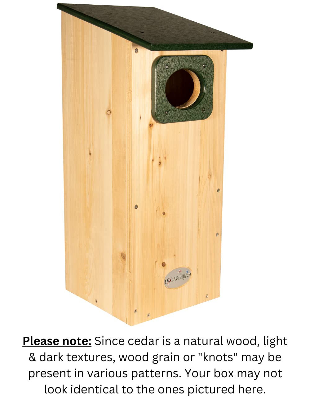 JCs Wildlife Cedar Wood Duck Nesting Box with Poly Lumber Roof - Mount in or at The Water's Edge to Attract Wood Ducks Nearby - Equipped with Clean Out Door and Drainage Holes (Green) JCs Wildlife