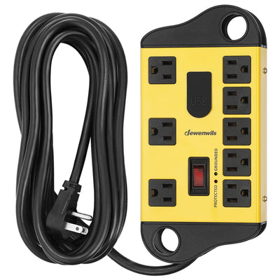 DEWENWILS 8-Outlet Metal Power Strip Surge Protector with 2 USB Ports,15 Ft Flat Plug Extension Cord, Heavy Duty Industrial Power Strip,15A Circuit Breaker, 1440Joules, Wall Mount, UL Listed Yellow