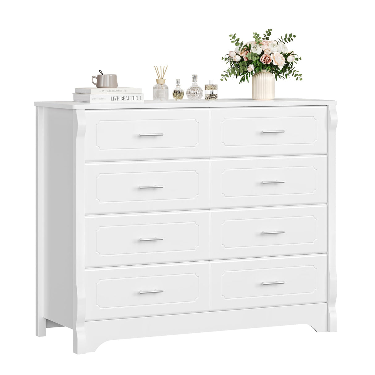 HITHOS White 8 Drawer Dresser for Bedroom, 47" Wood Dresser & Chest of Drawers, Modern Double Storage Cabinet with Deep Drawers | Metal Handles for Living Room, Hallway, Entryway HITHOS