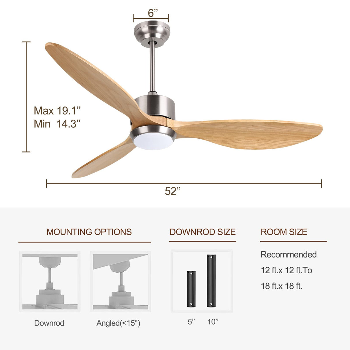 Ovlaim 52 Inch Solid Wood Ceiling Fans with Lights Remote Control, 6 Speed Quiet DC Motor 3 Blade Propeller Smart Ceiling Fan, Indoor Living Room Bedroom Ovlaim