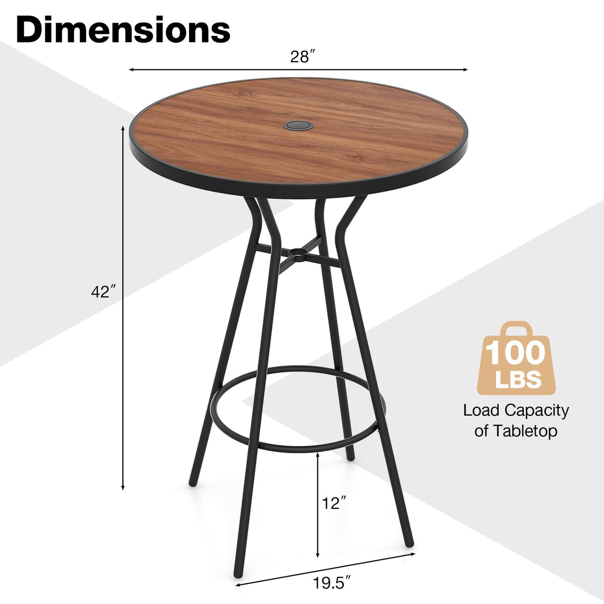 Tangkula 28” Outdoor Bar Table, Round Bar Height Table with Wood-Like Tabletop, Umbrella Hole & Footrest, Patio Bistro Table, High Top Table for Backyard, Garden & Deck Tangkula