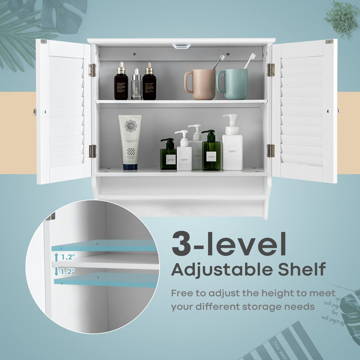Tangkula White Wall Mounted Bathroom Storage Cabinet with Adjustable Shelves and Double Louvered Doors Tangkula