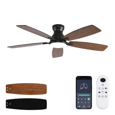 JSAITEE Ceiling Fans with Lights, 52 Inch Low Profile Ceiling Fan with Light and Remote Control, Flush Mount, DC Reversible Motor, Noiseless, Brown 6 Speeds Ceiling Fan for Bedroom