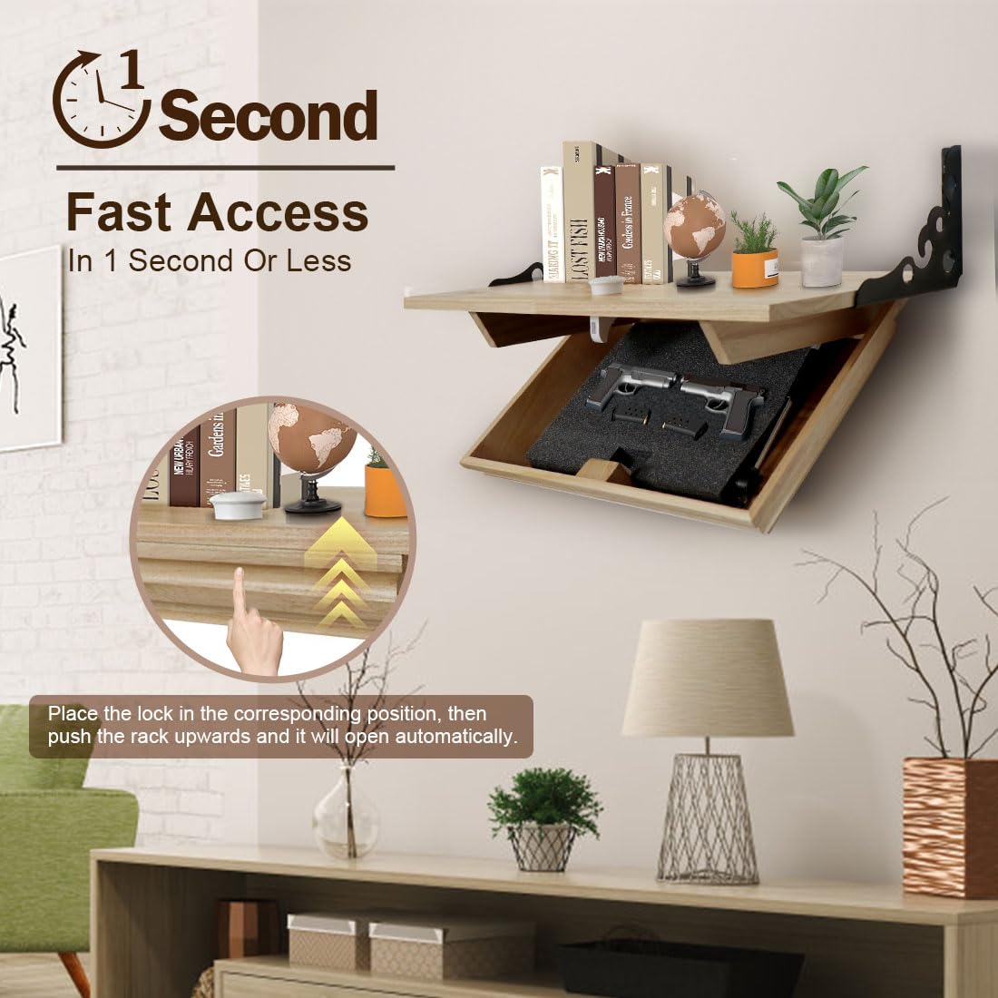 DOLEMODUO Hidden Shelf for Gun, Wall Mounted Hidden Gun Storage Shelf with Lock, Solid Wood Hidden Compartment Furniture DOLEMODUO