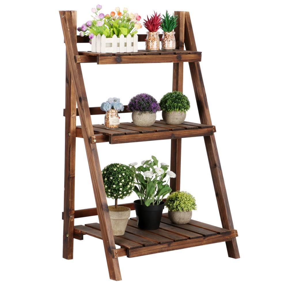 Yaheetech Folding Plant Stand Wooden Foldable Plant Shelf 3-Tier Flower Pot Stand Plants Display Shelf Rack Ladder Garden Indoors Outdoors 23.6 x 15 x 36.6in Yaheetech