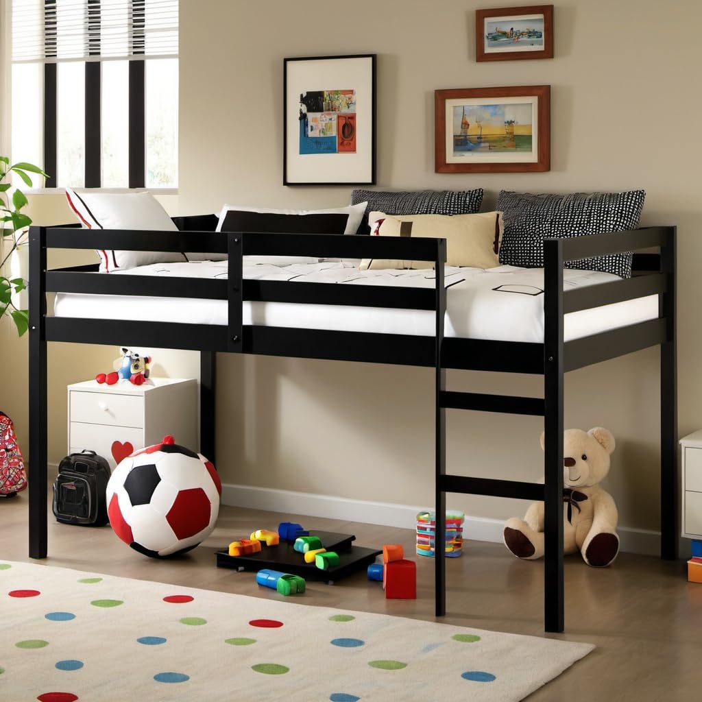 PVWIIK Loft Bed/Twin Size with Under The Bed Storage and Ladder for Kids/Boy/Girl Bedroom,Wooden Bedframe with Slats Support & Easy to Assemble,No Box Spring Needed,Black PVWIIK