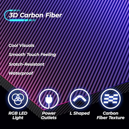 Huuger L Shaped Gaming Desk with Power Outlets & LED Lights, Computer Desk with Monitor Shelves, Carbon Fiber Surface, Home Office Desk, Corner Gaming Desk with Hooks, Carbon Fiber Black Huuger