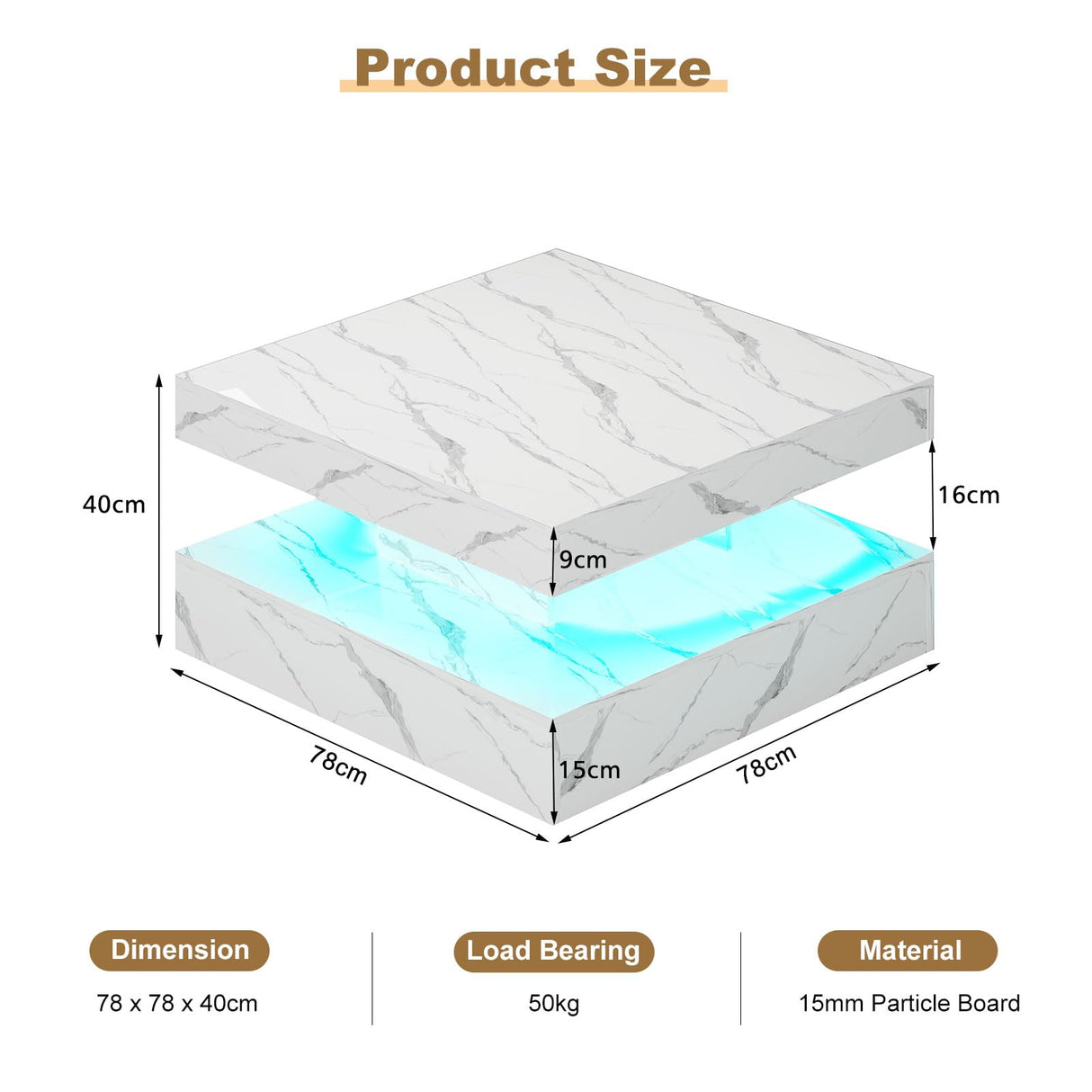 HedoAjim White Marble LED Coffee Table for Living Room, Living Room Table 2-Tier Square Middle Center Table, Modern Coffee Tables with Storage, Contemporary Wood Tea Tables for Dining Reception HedoAjim