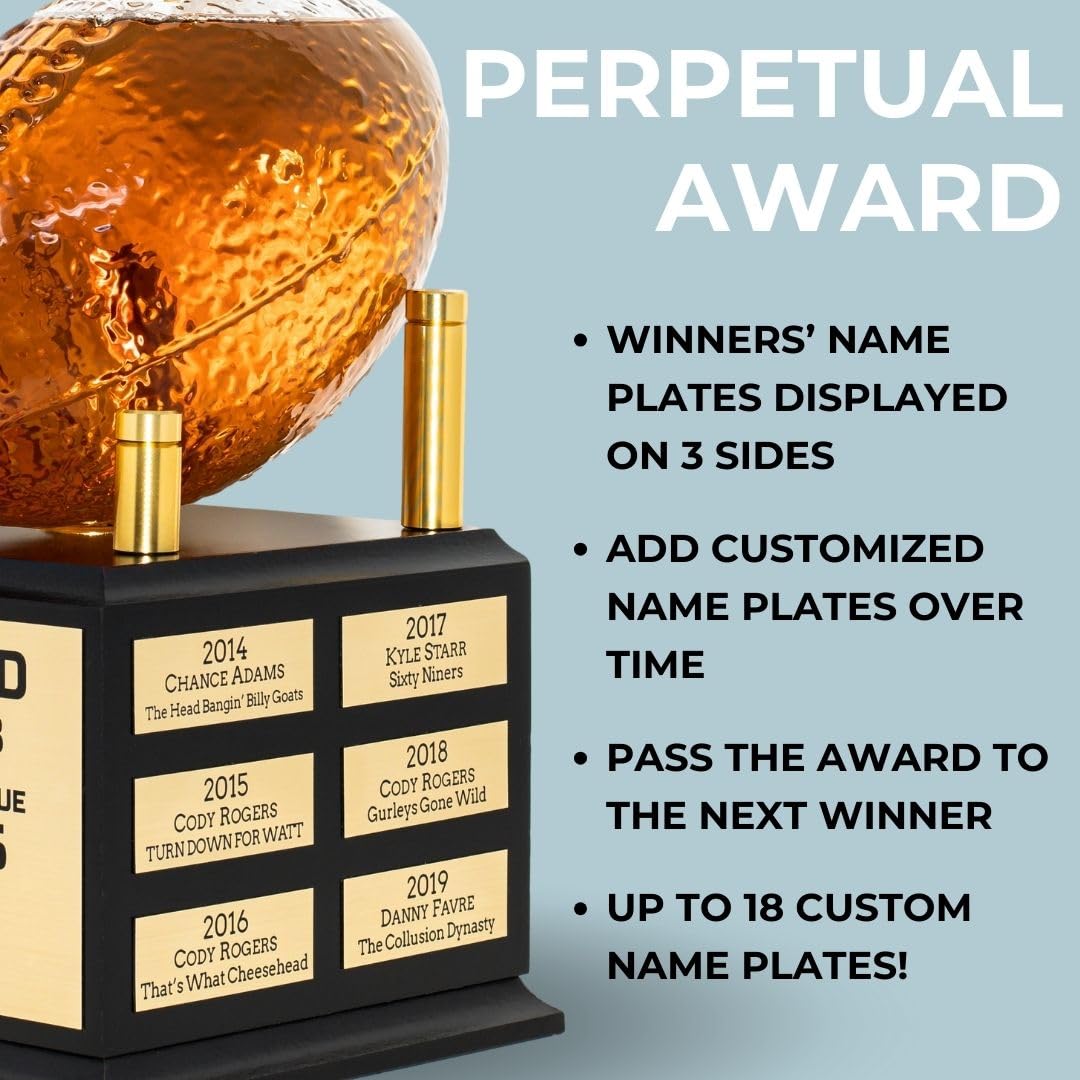 Whiskey Decanter Fantasy Football League Trophy - Customizable FFL Champion Award with Personalized Winner Name Plates - Gold Crown Stopper (Pressed Wood) Alpha Awards