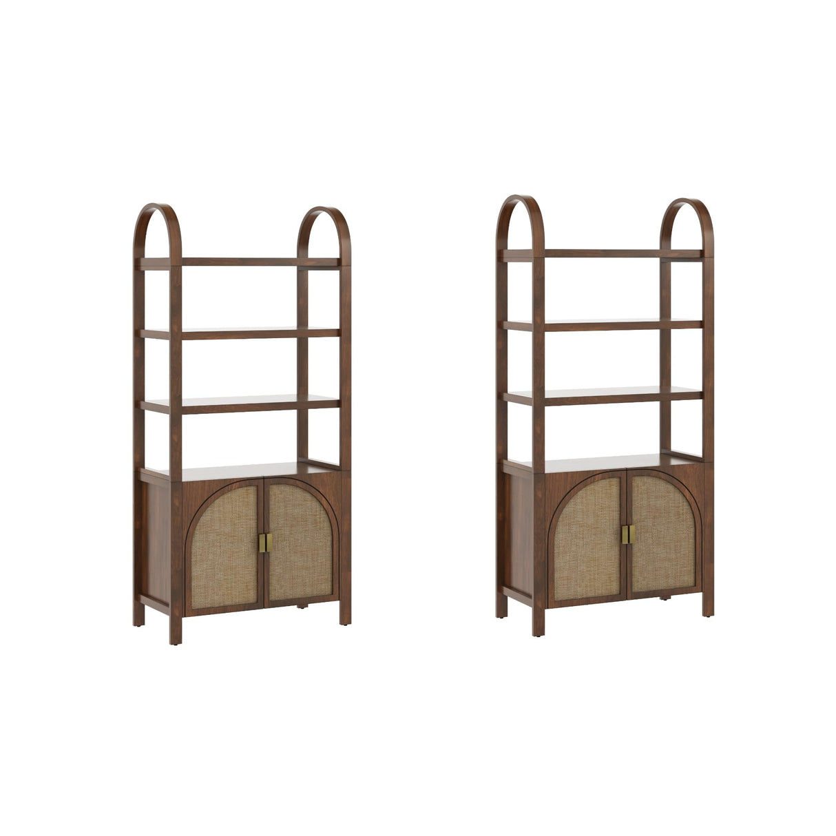 Nathan James Paxton Boho Arched Bookshelf Cabinet with Solid Wood Frame and Rattan Base, Dark Acacia, Set of 2 Nathan James