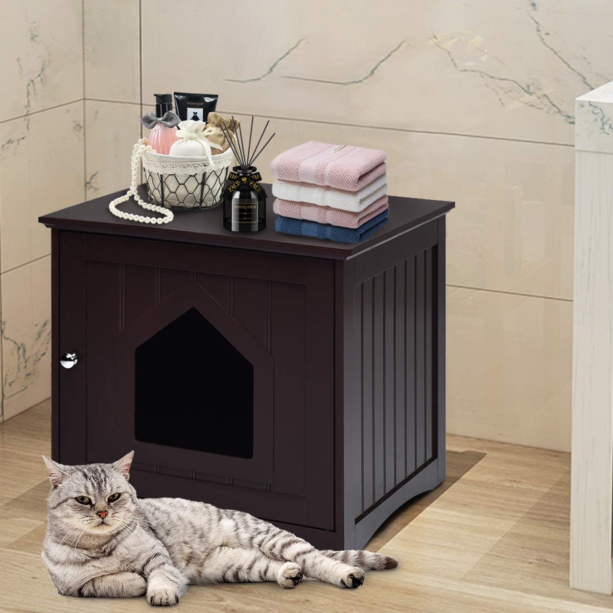 Tangkula Litter Box Enclosure, Cat Litter Box Furniture Hidden, Nightstand Pet House with Magnetic Door, Decorative Cat House, Indoor Cat Washroom for Cats Kitty (Brown) Tangkula