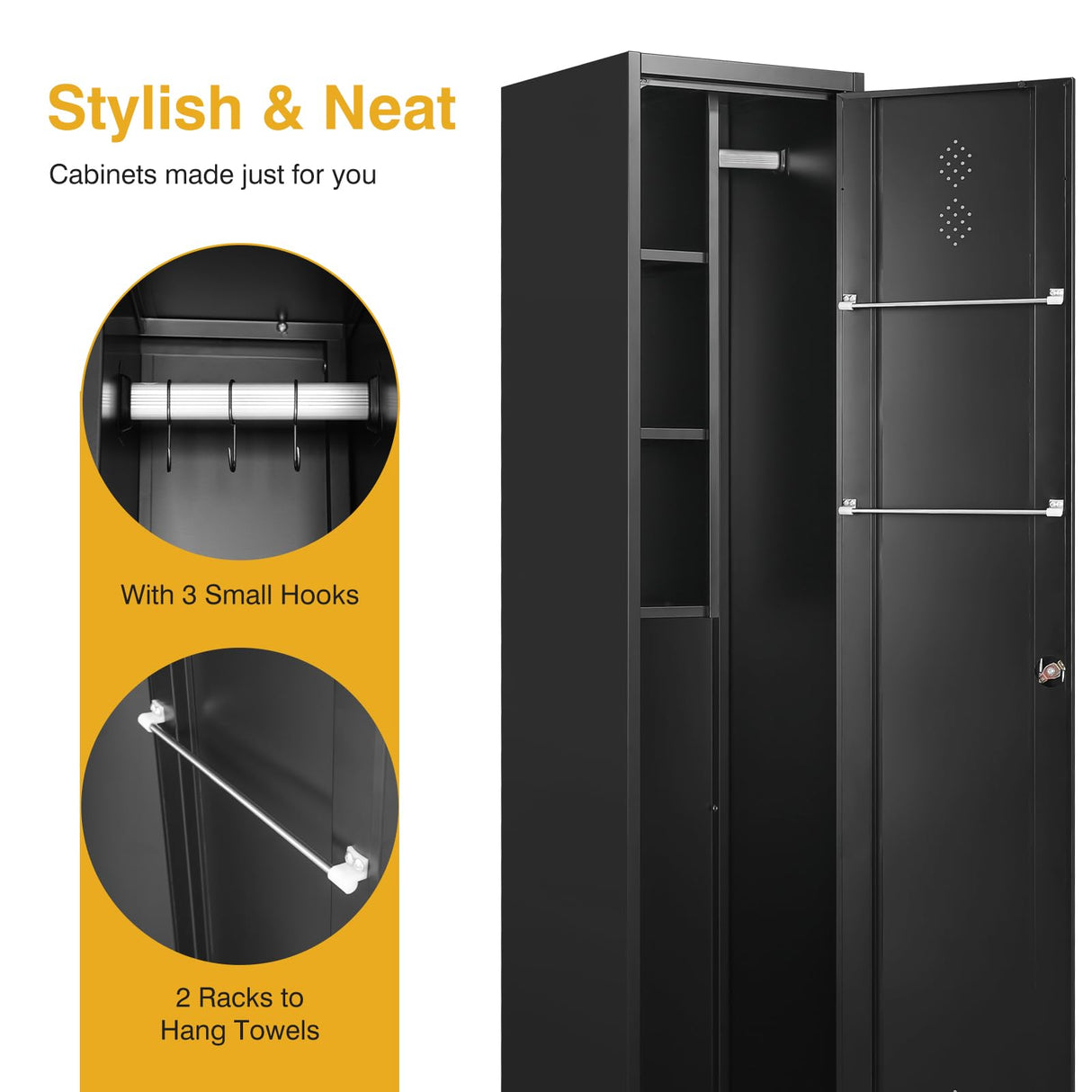 Broom Closet Storage Cabinet Metal Cleaning Tool Cabinet Janitorial Utility Cabinet Cleaning Supplies with Locking Door Broom Rack Shelf for Broom mops Garage Storage 71" Black STANI