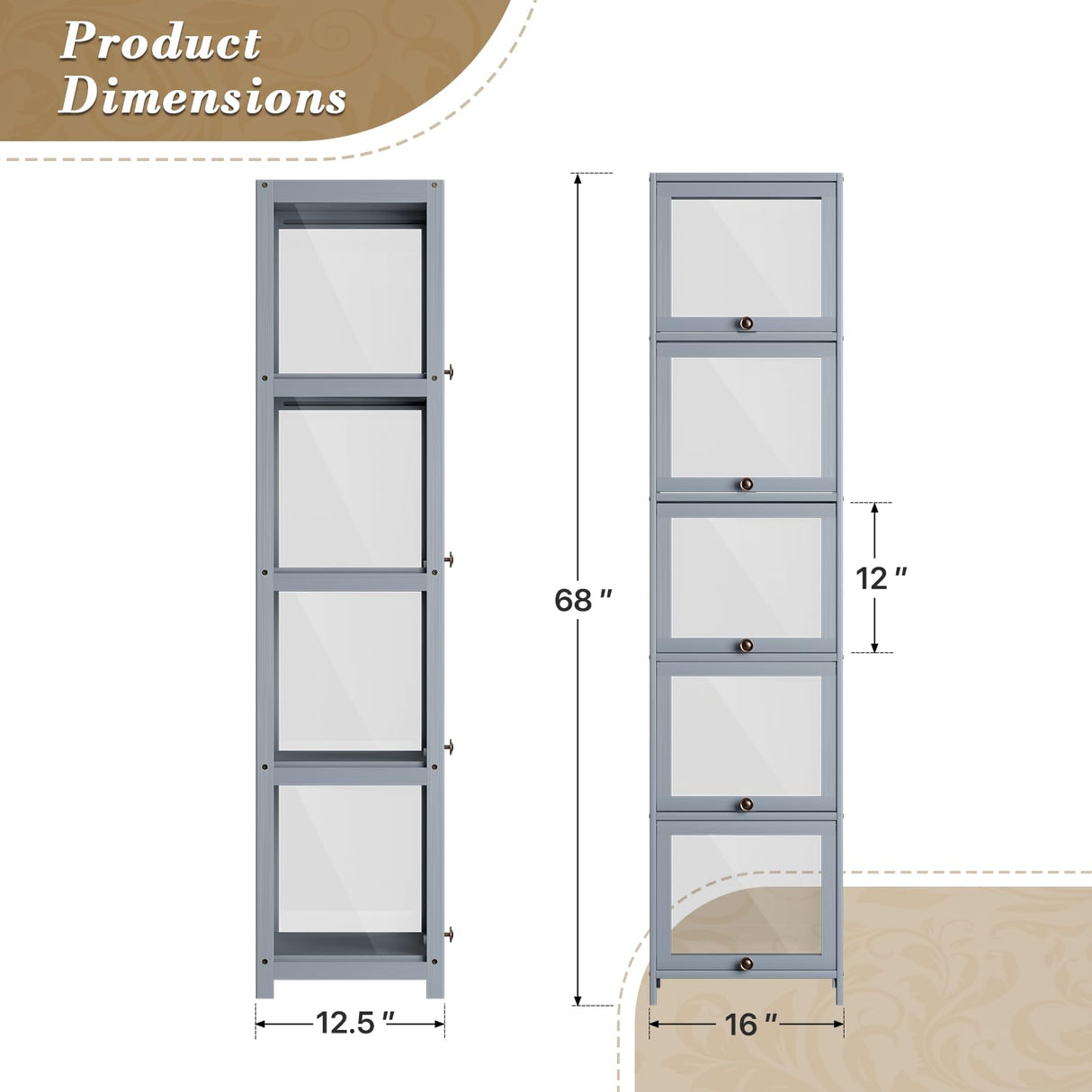 Athena Collection Curio Display Cabinet, 5-Tier Acrylic Display Shelf 68” Tall Display Case for Trophy Figures Curio Collectibles Display Shelves for Living Room Bedroom, Grey Athena Collection
