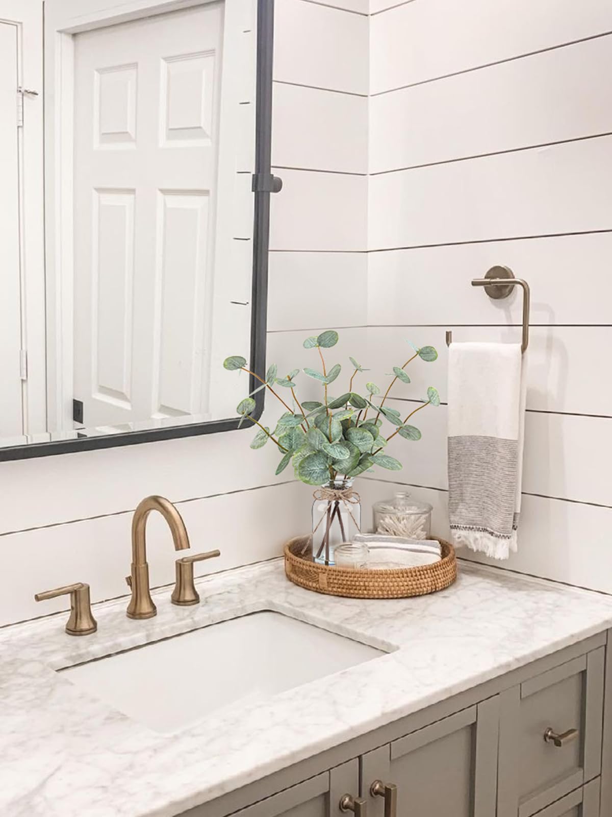 Bessol Artificial Eucalyptus Stems in Glass Vase with Faux Water, 13.5” Fake Plants for Home Decor, Coffee Table Centerpieces, Office, Bathroom & Farmhouse Weddings - Faux Greenery Plants Decorations Bessol