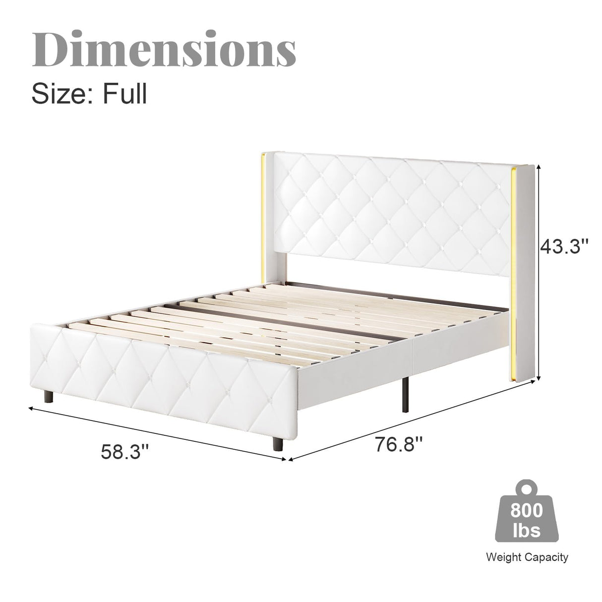 Full Bed Frame with Headboard, PU Leather Platform Bed with Wingback, Modern Bed Frame with Diamond Tufted, No Box Spring Needed, Easy Assembly, White HOMBCK